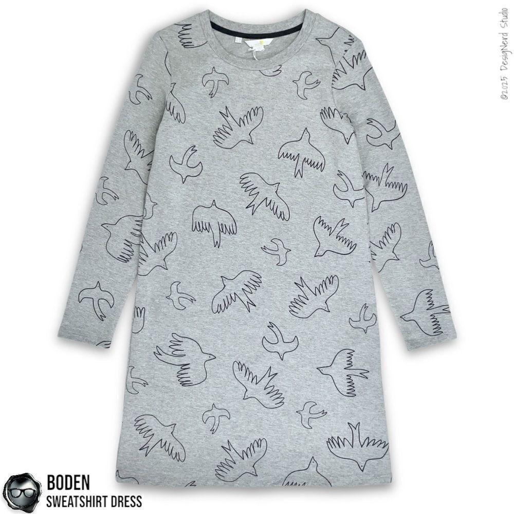 BODEN SWEATSHIRT DRESS IN GREY MARL WITH FLYING DOVES PRINT COTTON LONG SLEEVE